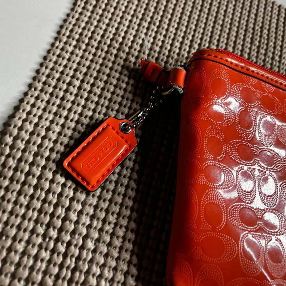 Coach Orange Patent Leather Signature C Monogram Heart Wristlet Pouch